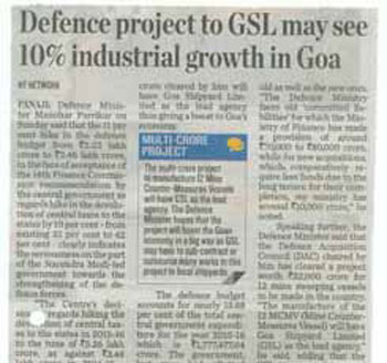 Defence project to GSL may see 10 industrial growth in Goa