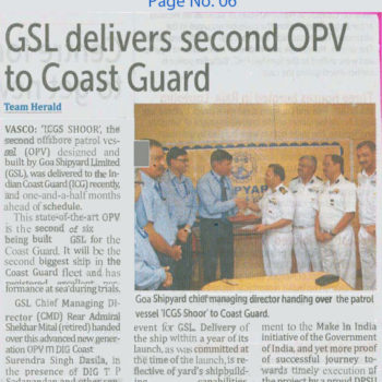 GSL delivers Second OPV to Coast Guard