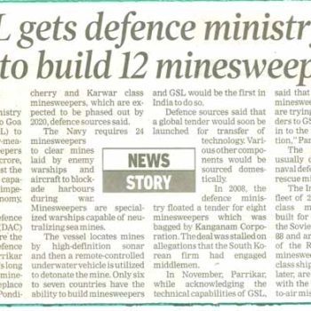 GSL gets defence ministrys nod to build 12 minesweepers