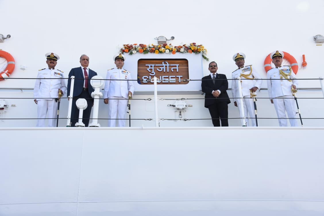 Secretary (Defence Production) Shri Raj Kumar, IAS dedicated GSL built Offshore Patrol Vessel ICGS Sujeet (2nd of the 5 OPV series) to the nation at GSL in the distinguished presence of DG K Natarajan, DGCG, CMD GSL, Senior Officials of MoD and Coast Guard